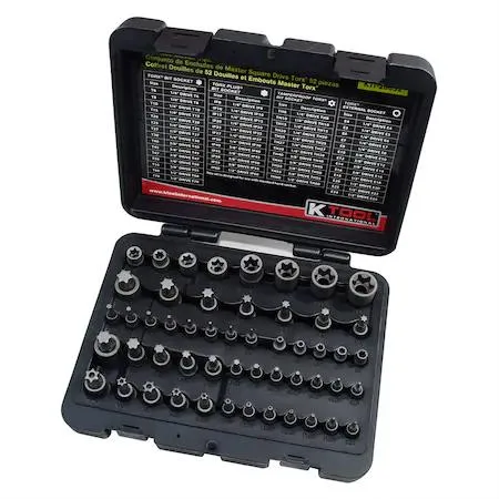 Transparent blow-mould case holding 52 Torx sockets and bits in dark grey phosphate finish