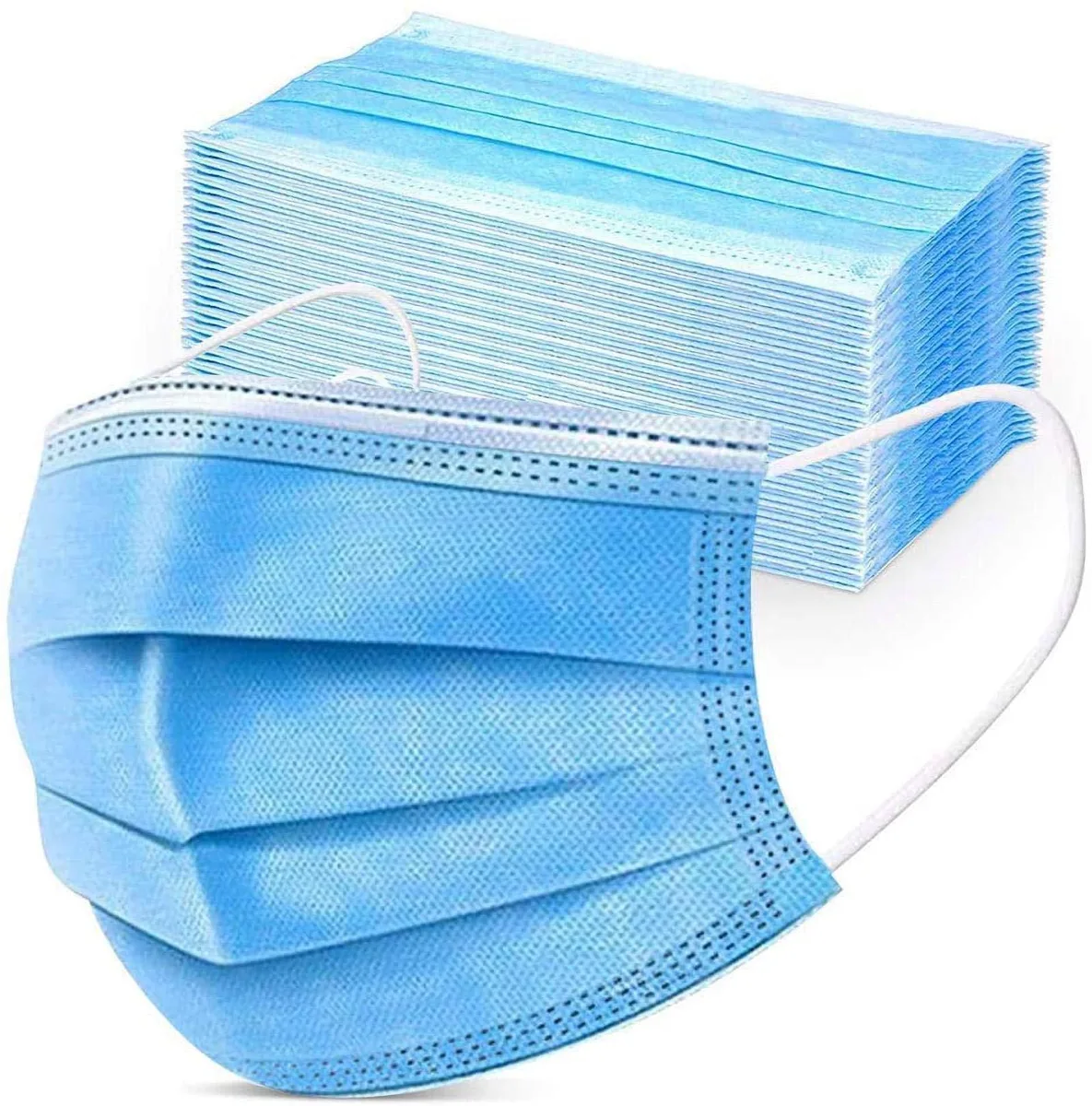 Box of 50 blue disposable face masks with ear loops