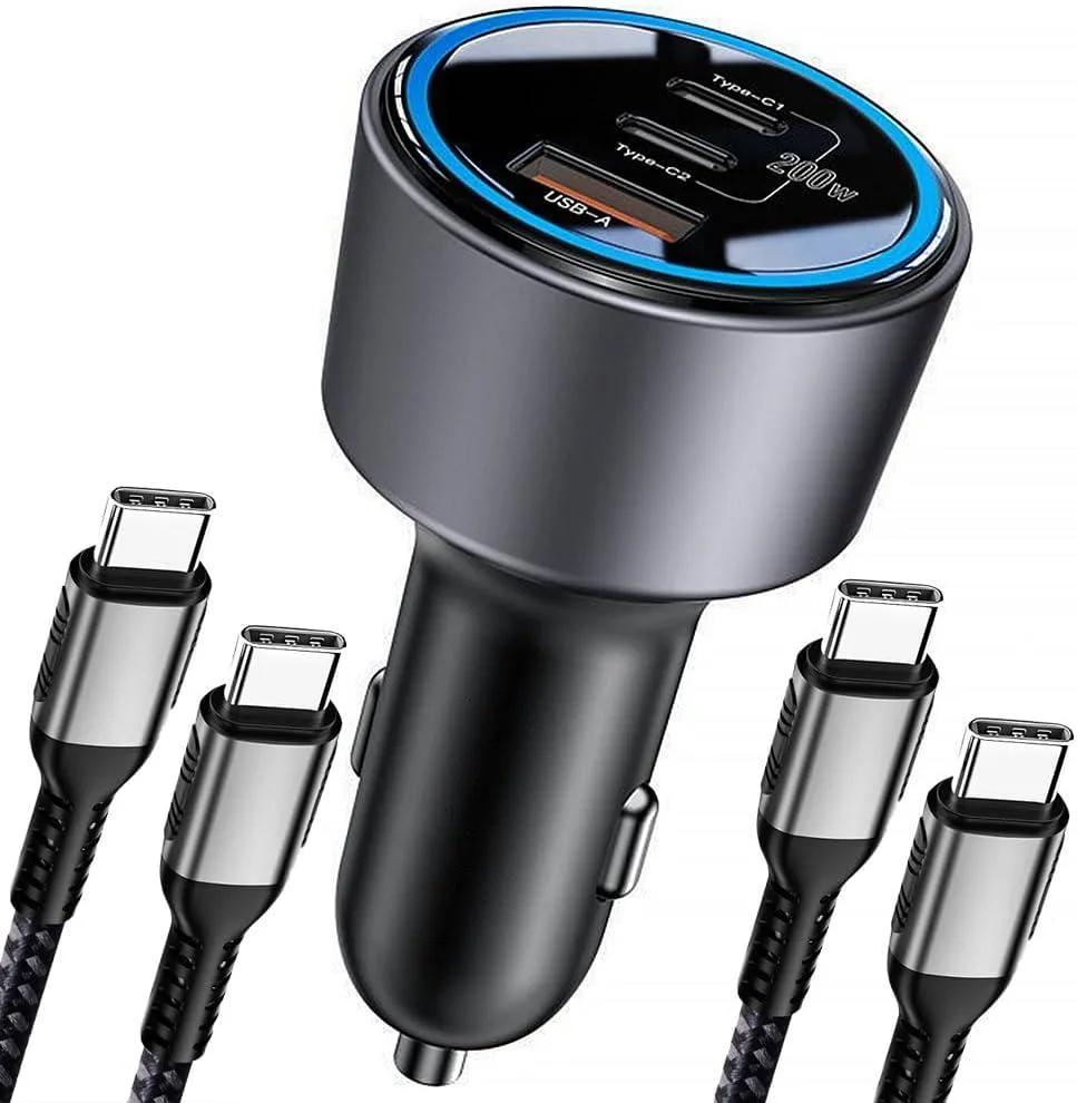Hamzan Hamzan 200W Car Charger PD 100W 3 Port USB C USB A 2× 100W Cable — product photo