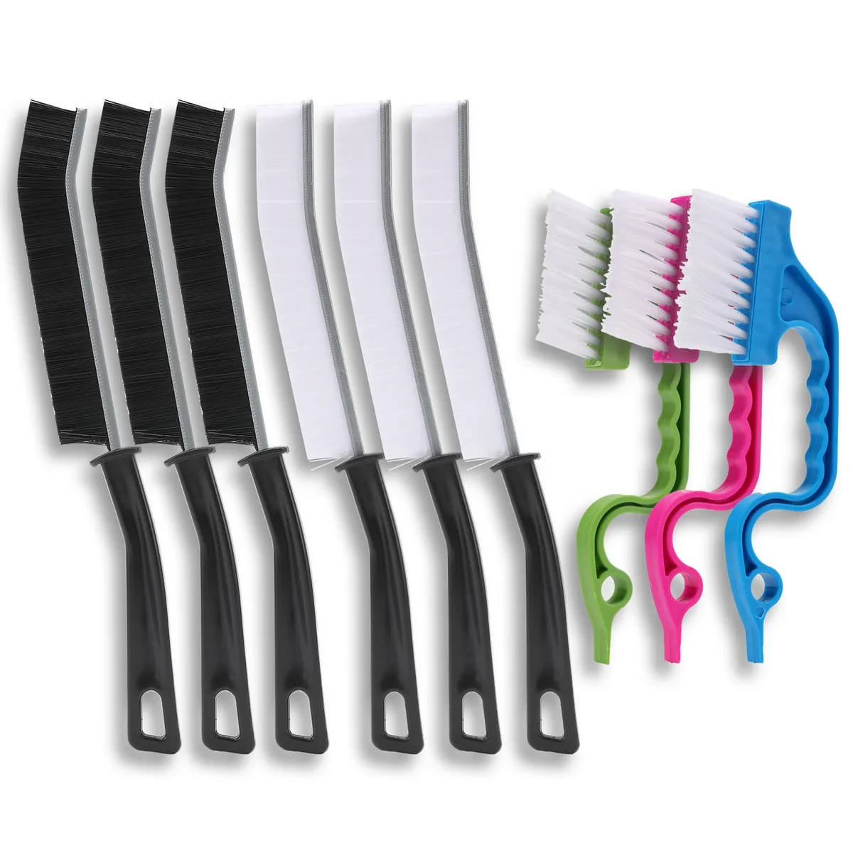 Nine-piece crevice cleaning kit with black, white and 2-in-1 brushes