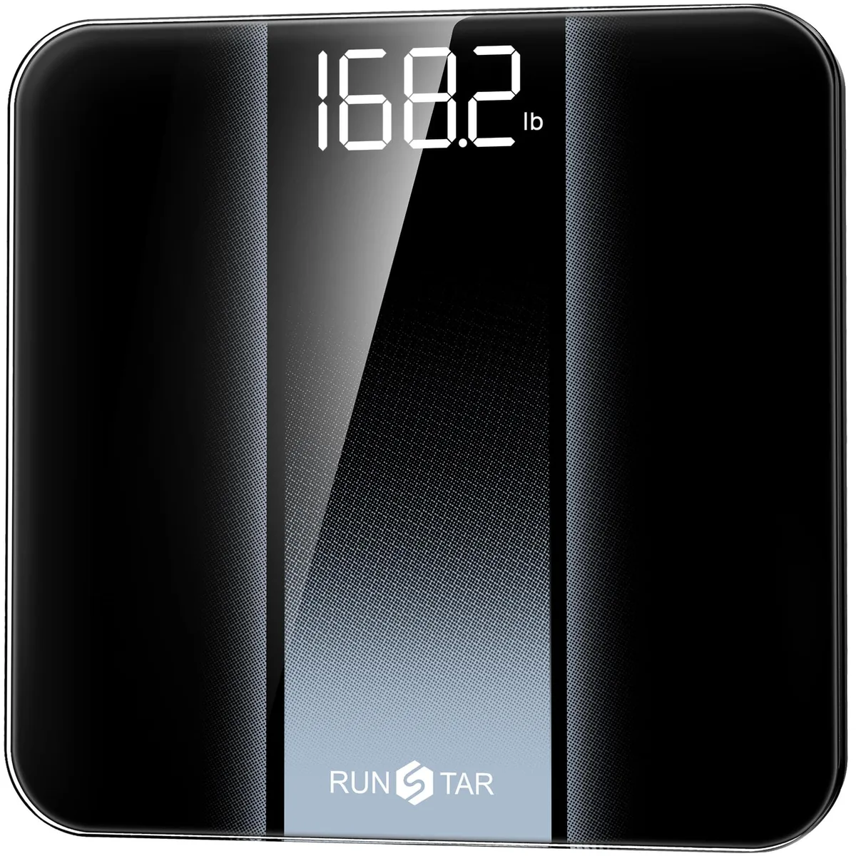 Square silver digital bathroom scale with large LED display on tempered glass platform