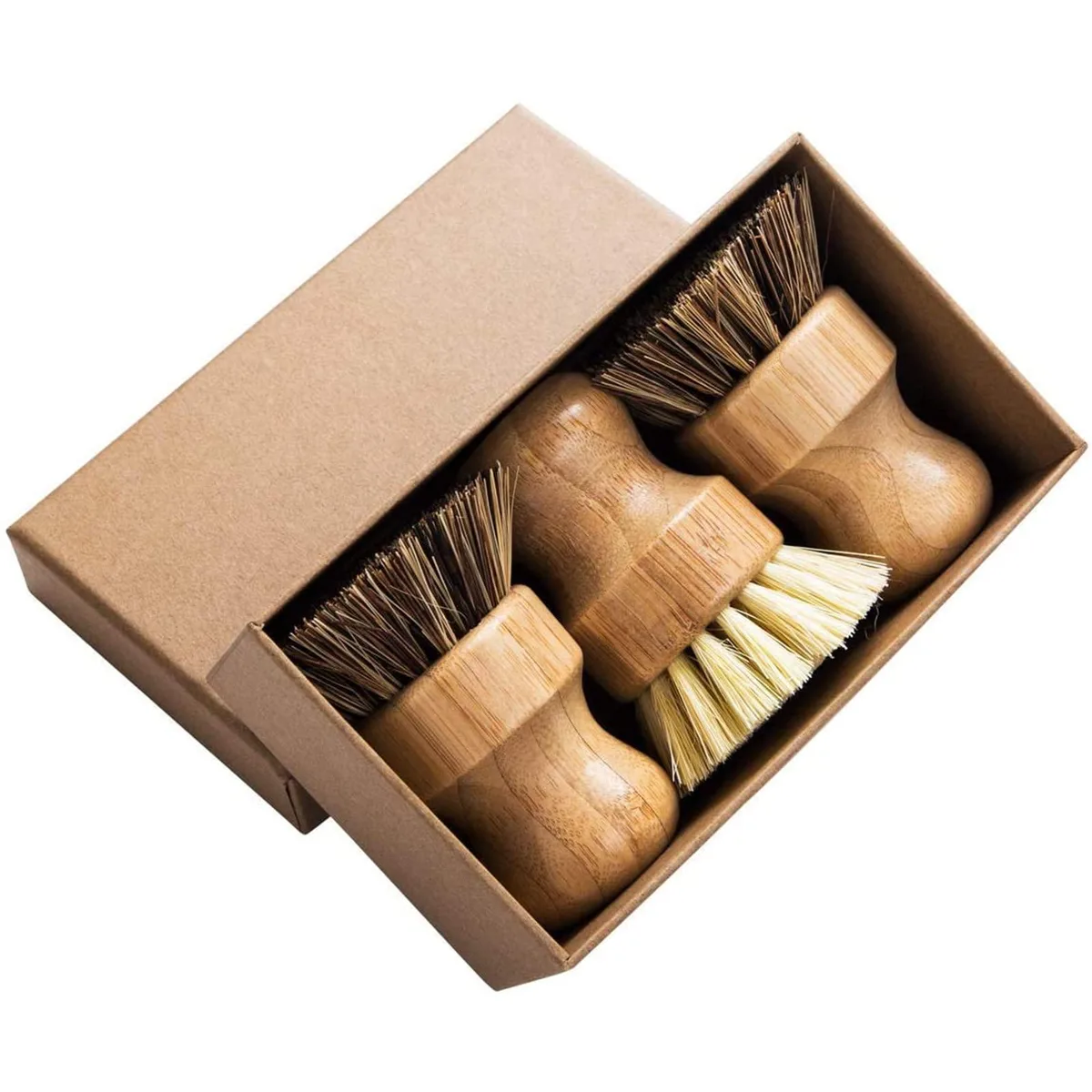 Three bamboo-handled mini dish brushes with dark and light natural bristles