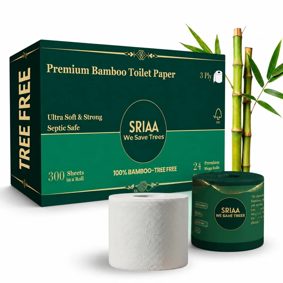 White bamboo toilet paper rolls in a 24-pack with paper wrappers