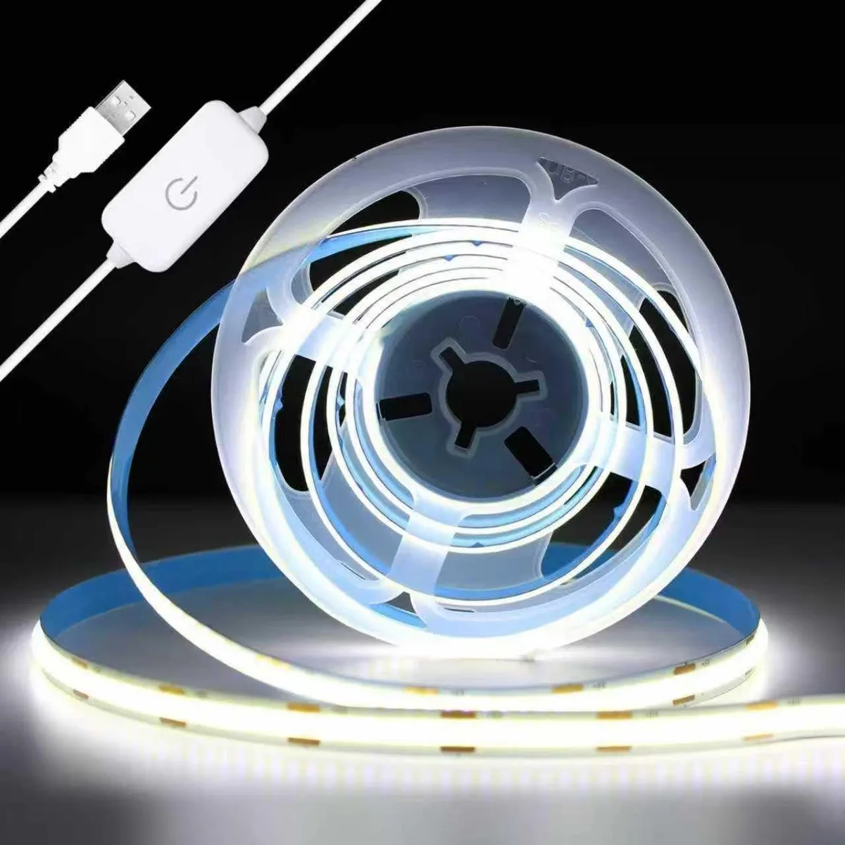 Thin copper-finished flexible LED strip with USB plug, coiled on reel