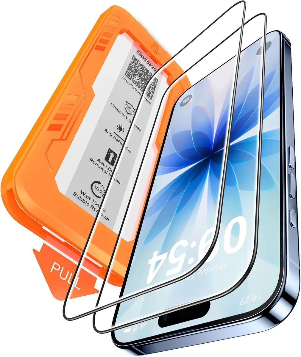 Two clear tempered glass screen protectors with black bezels and installation frames for iPhone 17 6.3 inch display