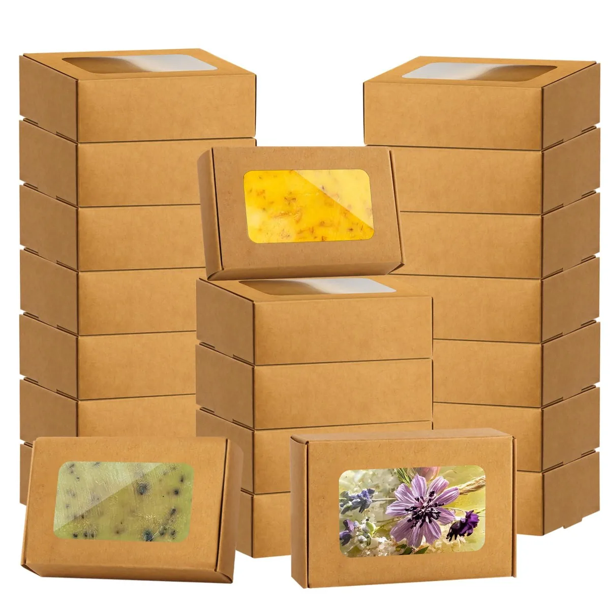 Forty flat-fold kraft paper boxes with rectangular windows, brown finish, 3.25 by 2.4 by 1.2 inches