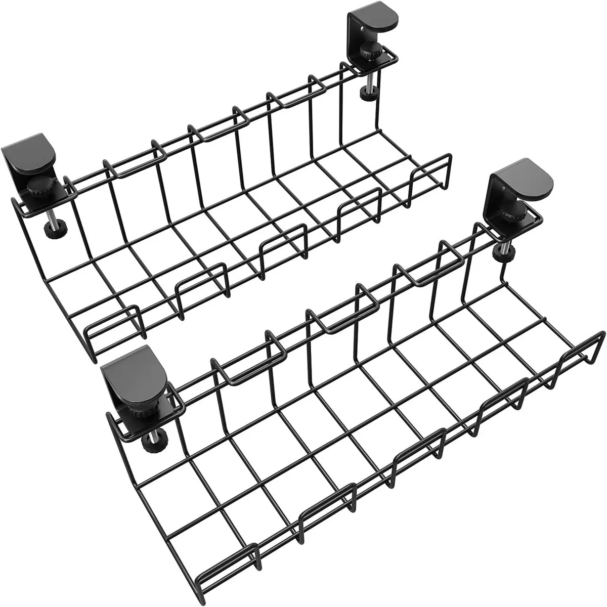 Two black powder-coated steel cable trays with C-clamps and knurled screws
