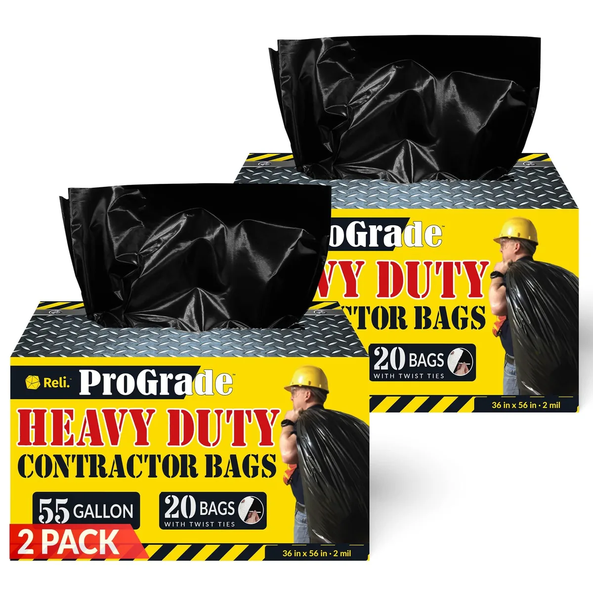 Black contractor garbage bag roll in dispenser box, 40 count, 55 gallon capacity