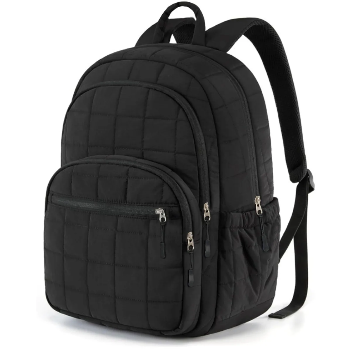 Black quilted laptop backpack with padded straps and trolley sleeve