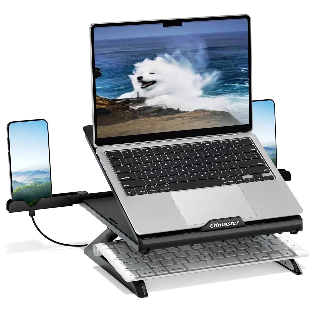 Black foldable laptop stand with open heat-vent design and adjustable angles on tabletop