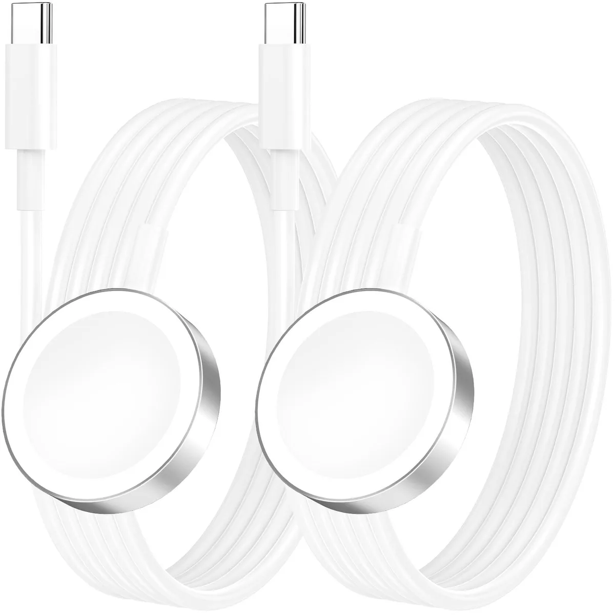 Two cream-white USB-C to Apple Watch magnetic charging cables coiled together