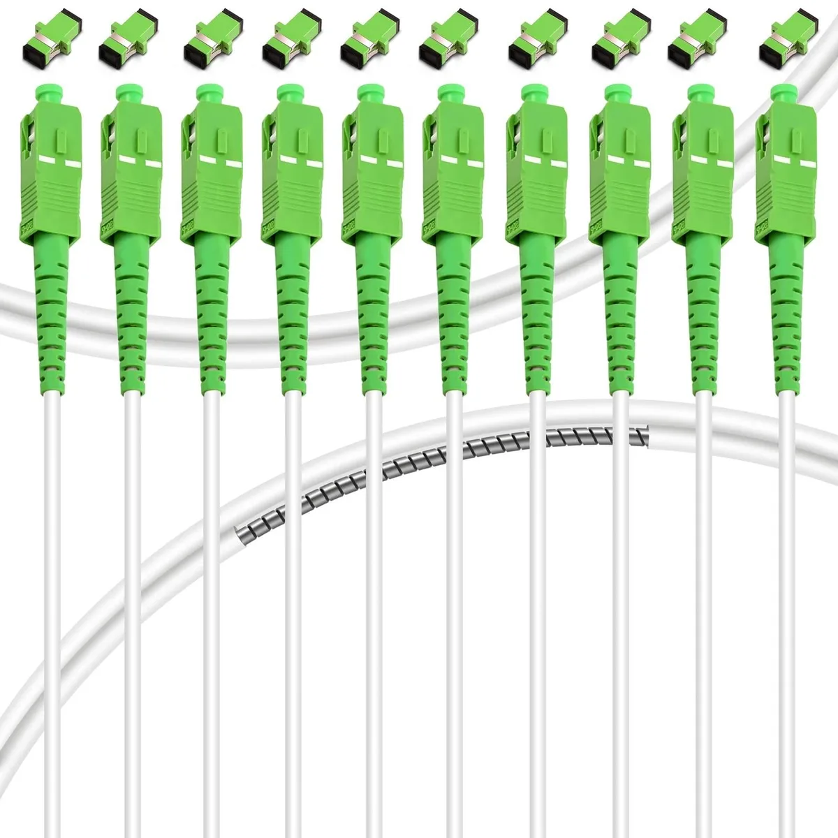 White armored fiber patch cable with SC/APC connectors, ten 10m simplex cords in a pack
