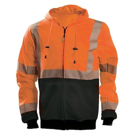 Orange ANSI Class 3 hooded polyester fleece sweatshirt with zip front, two pockets and black hem