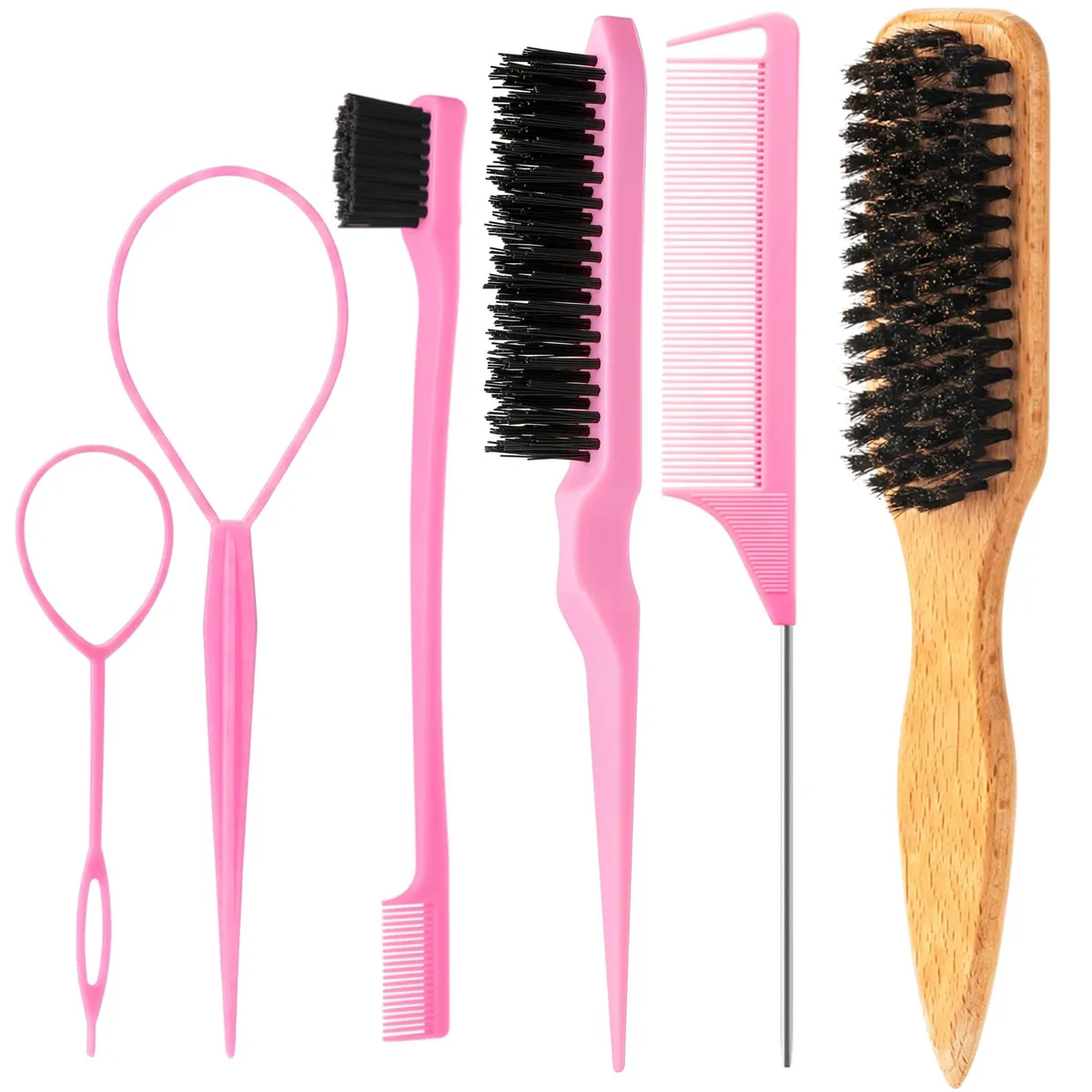 A six-piece hair styling kit with wooden boar bristle brush, metal rat tail comb