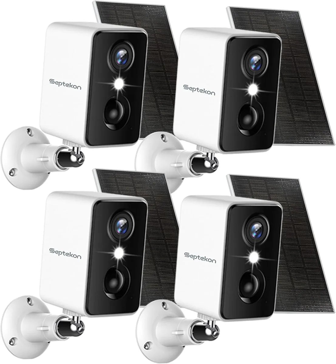 Four white wireless cameras with spotlights and solar panels