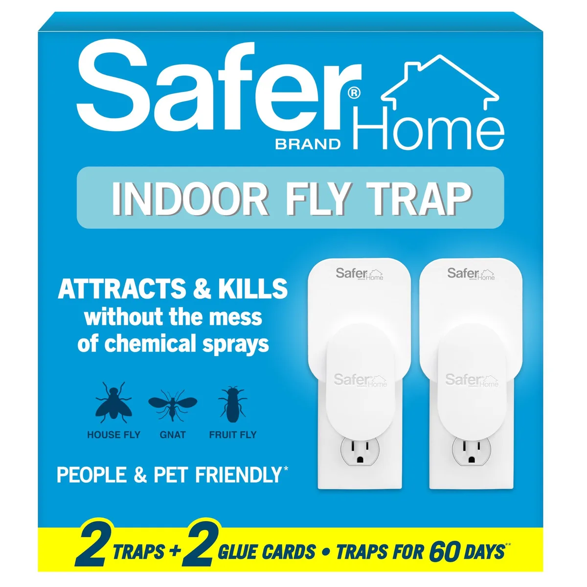 Two white plug-in insect traps with rotating prongs and UV LED lights