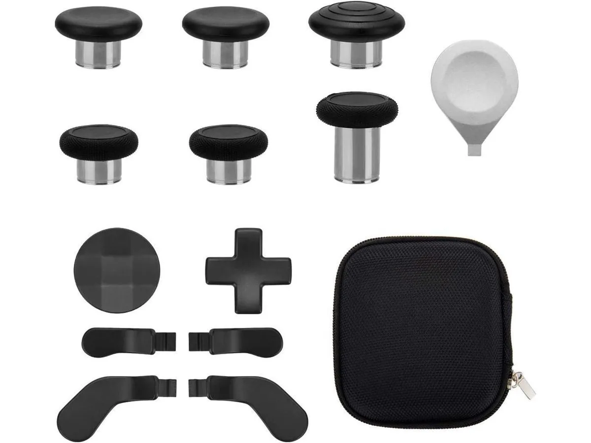 Black metal thumbsticks, gold paddles and D-pads with silver adjustment tool for Xbox Elite Series 2 controller