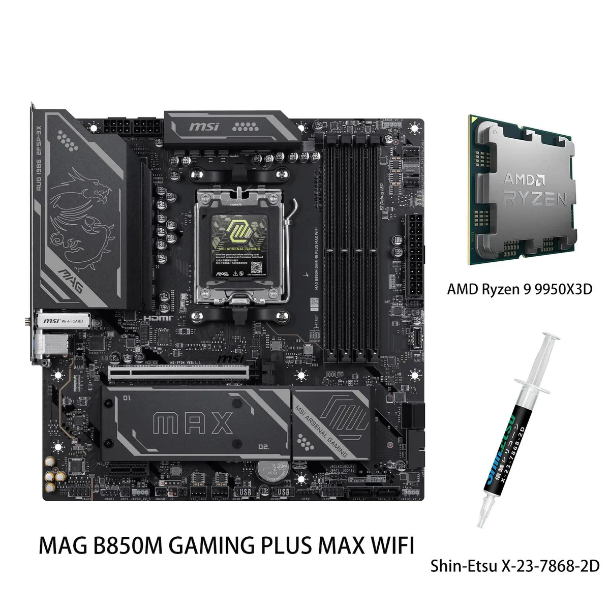 MSI MSI MAG B850 GAMING PLUS MAX WIFI AMD motherboard &amp; Ryzen 9 9950X3D CPU combo — product photo