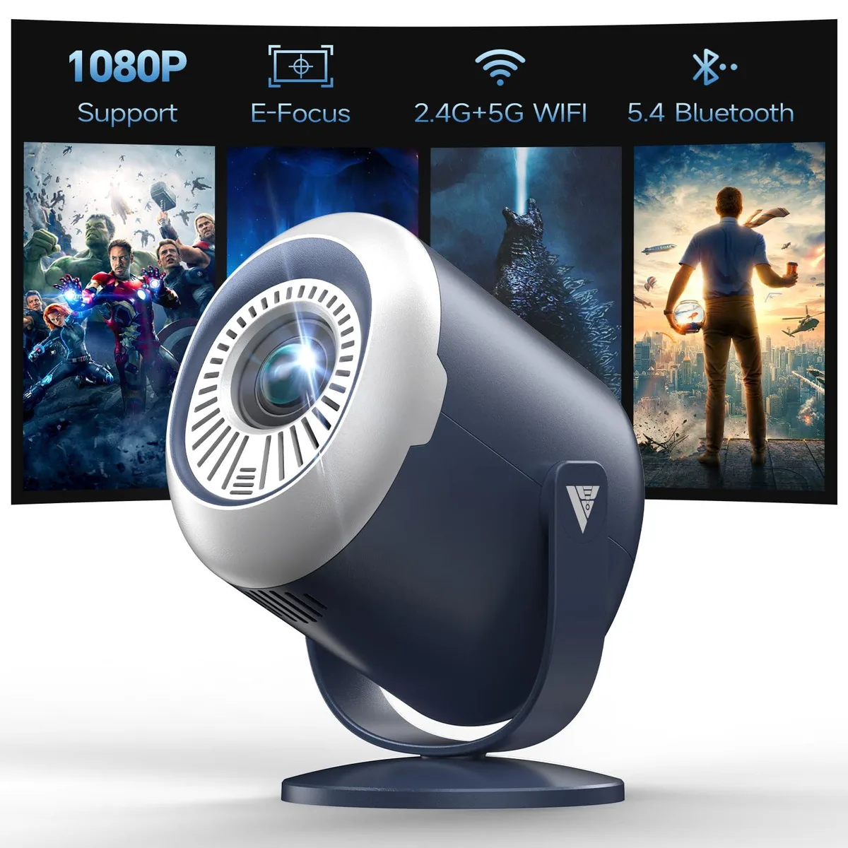 Compact blue LCD projector with built-in rotating stand and electric focus