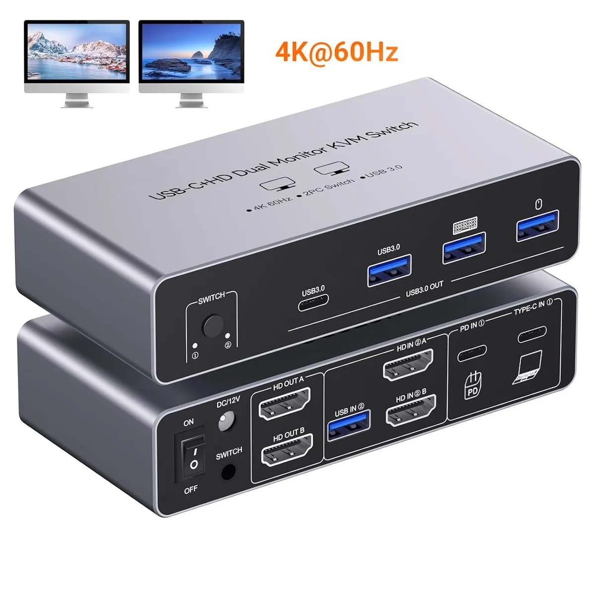 AUTYUE AUTYUE USB-C HDMI KVM Switch 2 Monitors 4K 60Hz PD 60W — product photo