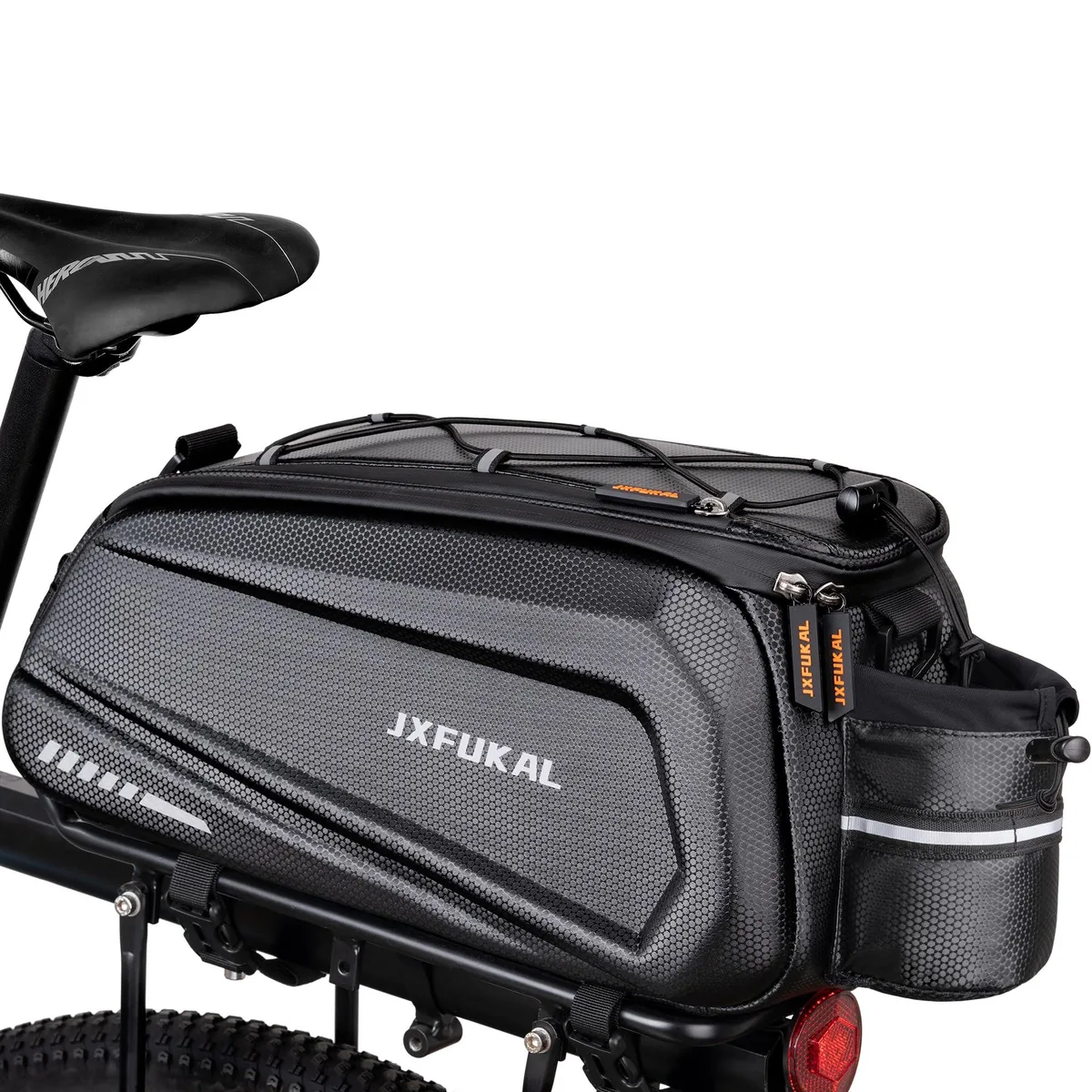 Black hard-shell bike trunk bag with zipper, reflective panels, rack-mount straps, top handle and shoulder strap