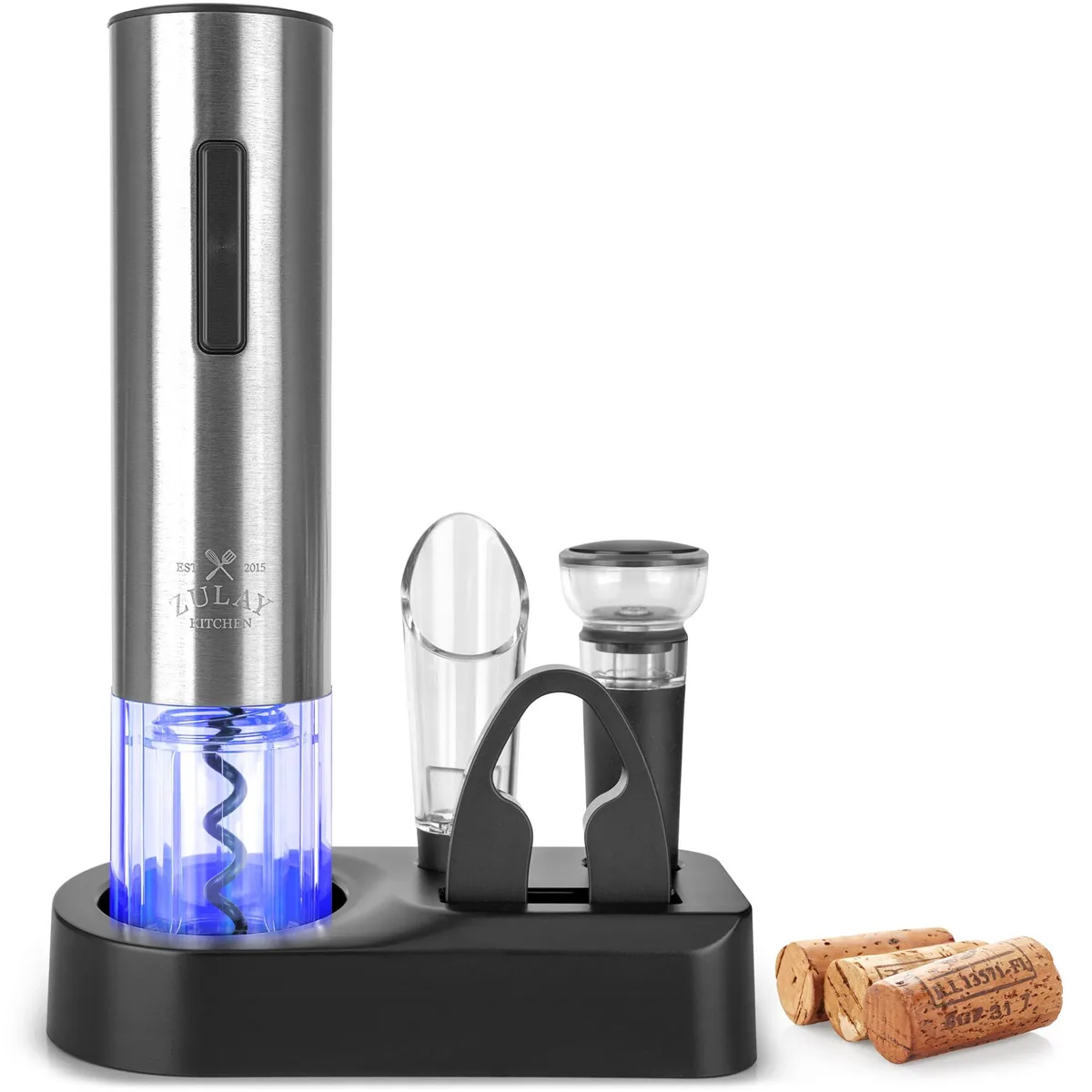 Silver rechargeable electric wine opener on storage base with foil cutter, pourer and vacuum stopper
