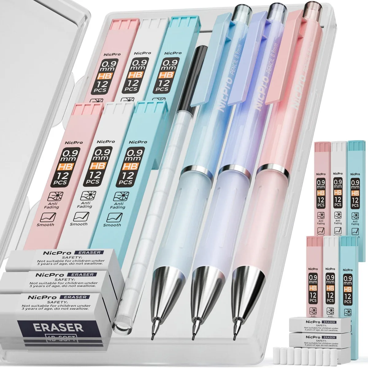 Three pink mechanical pencils in a case with refills and erasers