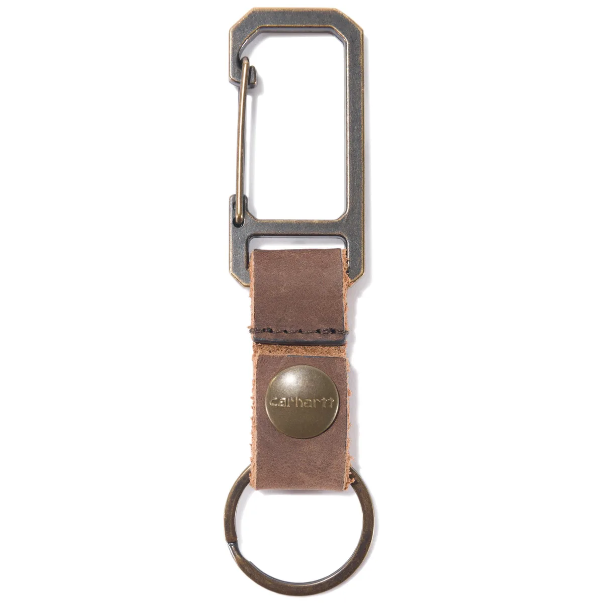 Brown saddle leather key keeper with self-locking metal gate clip and split key ring