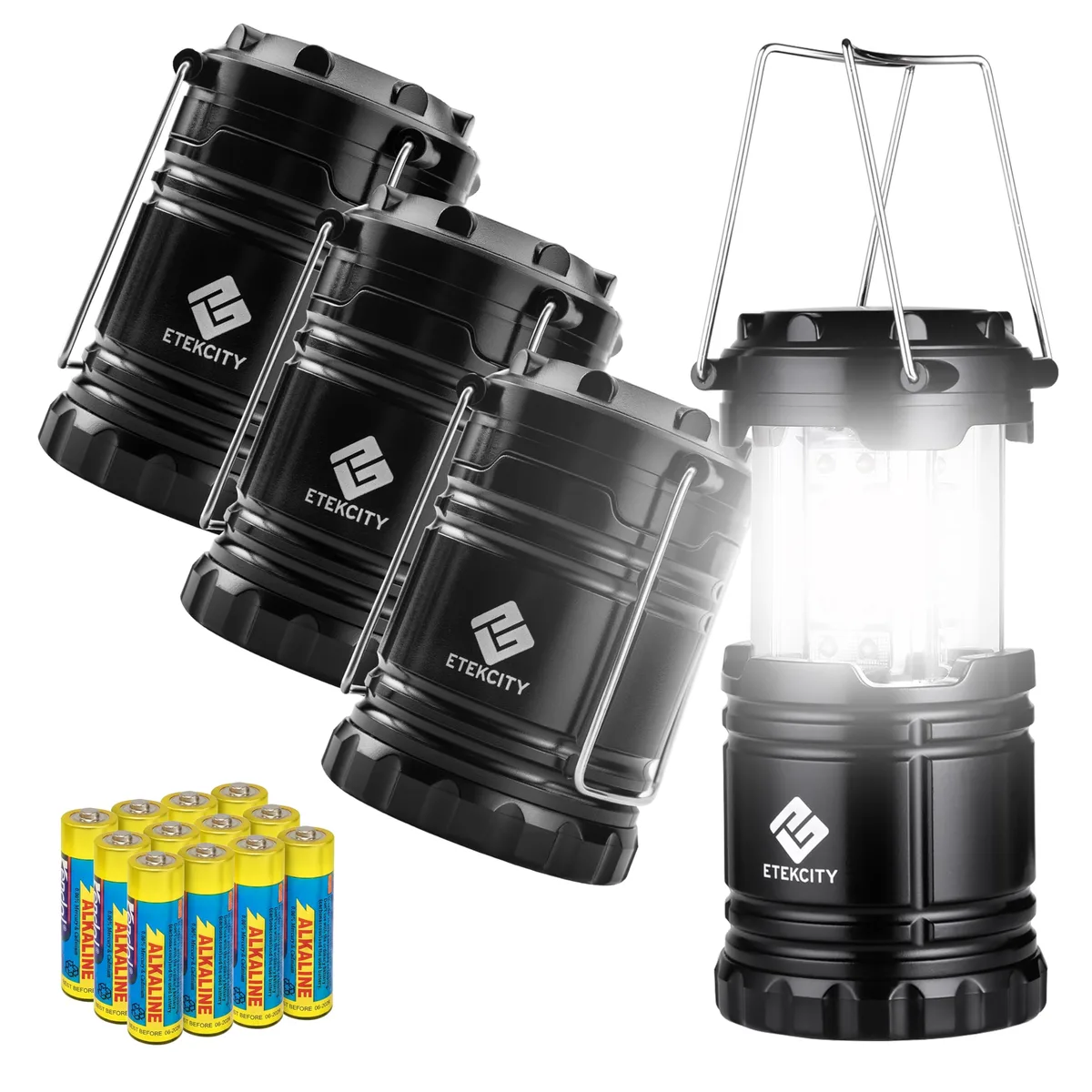 Four black collapsible LED lanterns with storage compartments