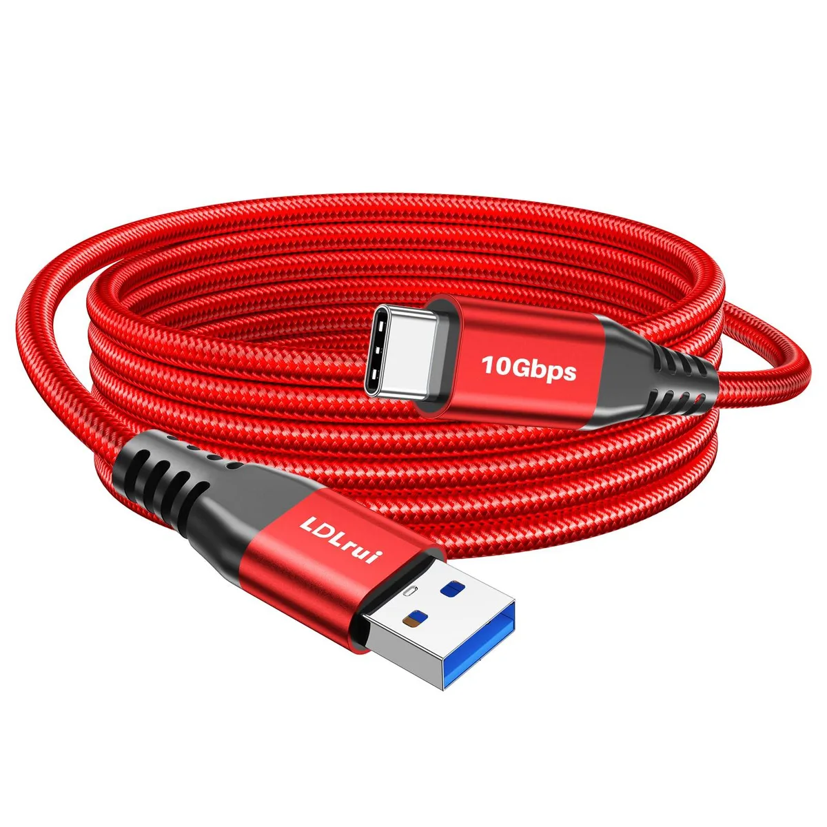 Red braided USB A to USB C cable, ten feet long, male-to-male connectors