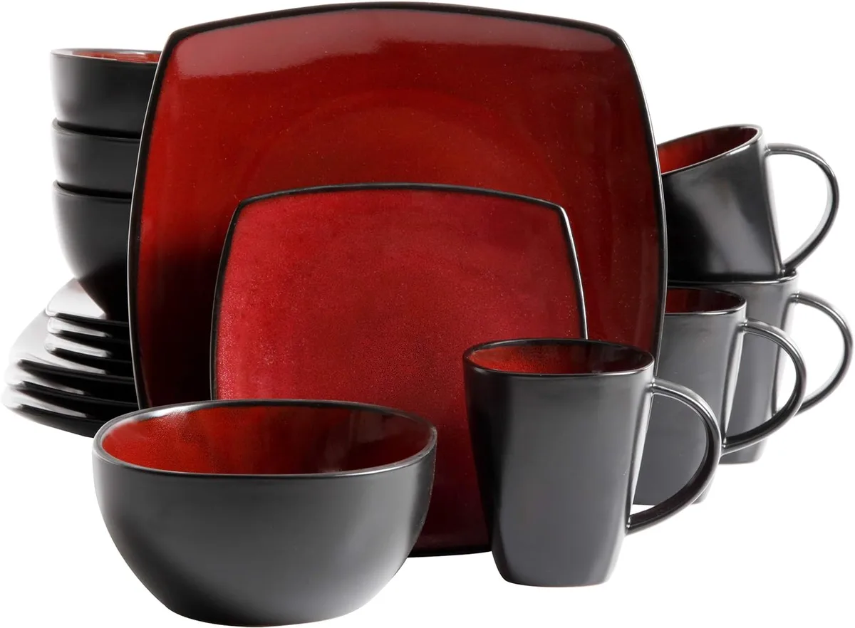 Square burgundy stoneware dinnerware set, 16 pieces, glossy finish