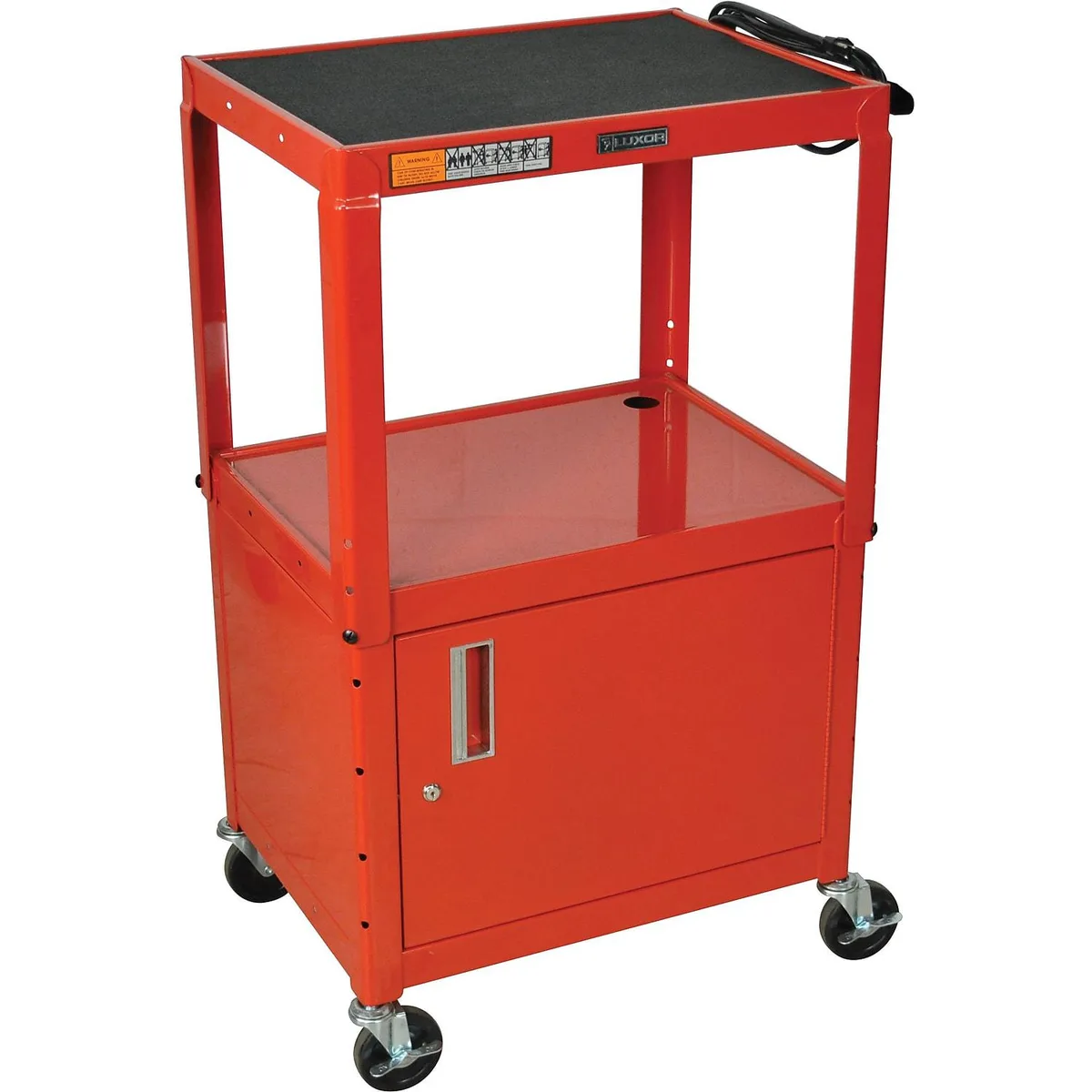 Luxor Furniture Luxor Adjustable Height AV Cart with Cabinet Red 24-42H 24W 18D — product photo