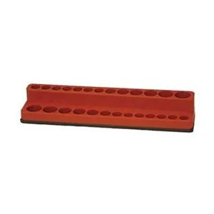 Red plastic socket tray with 26 magnetic posts in two rows