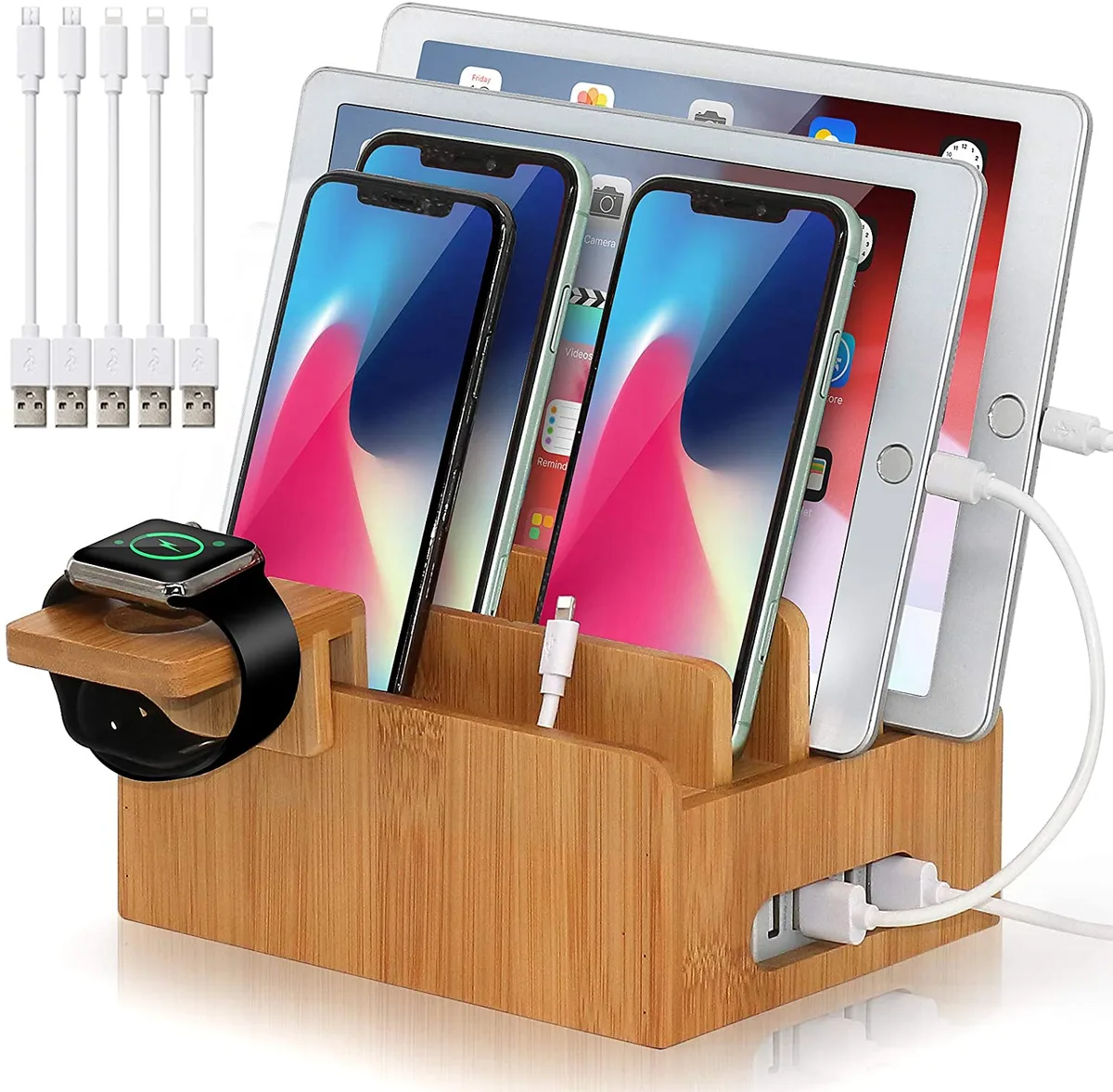 Pezin & Hulin Pezin & Hulin Desktop Charging Station Bamboo color 5 Cables Watch Stand — product photo