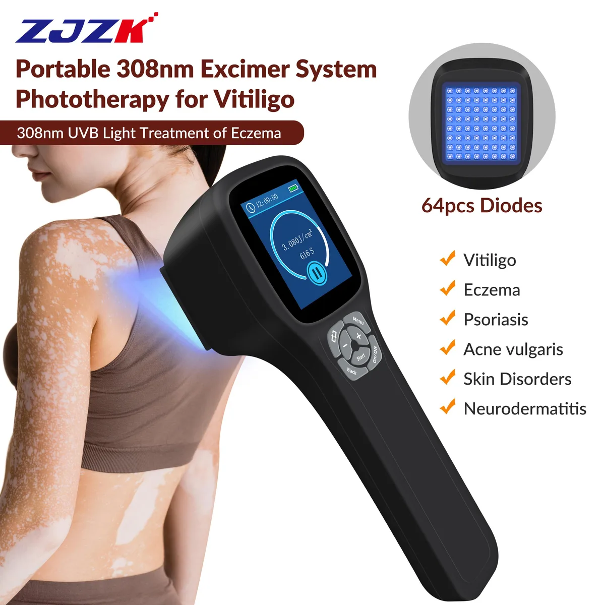 ZJZK ZJZK PD01-A 308nm UVB Home Health Care 64 diodes 46mm 3400mAh White — product photo