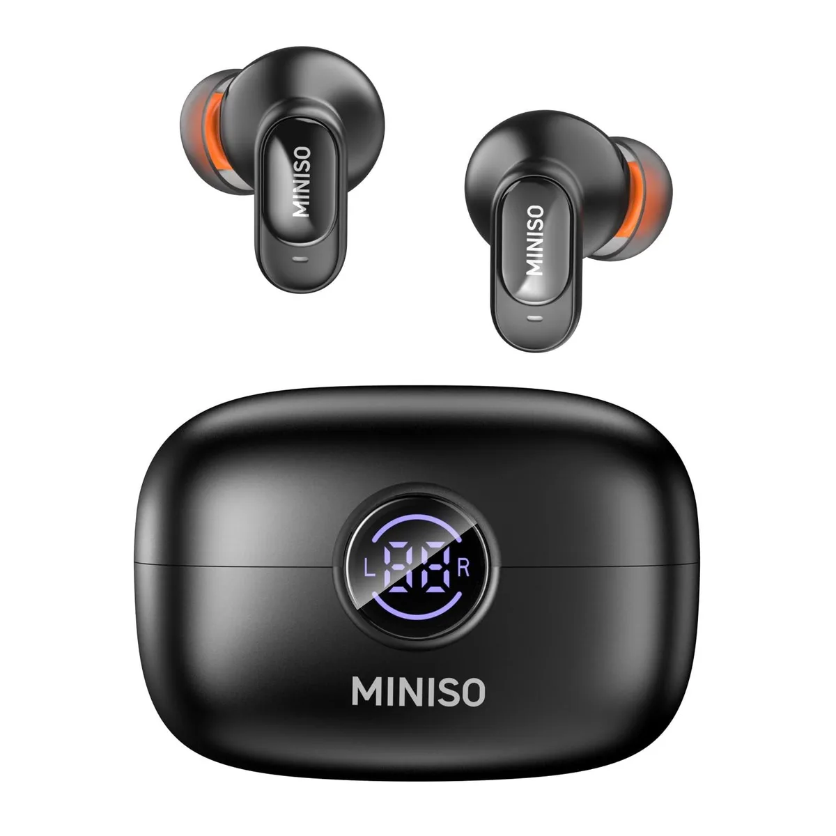 White wireless earbuds in a matching charging case, compact oval design with matte finish