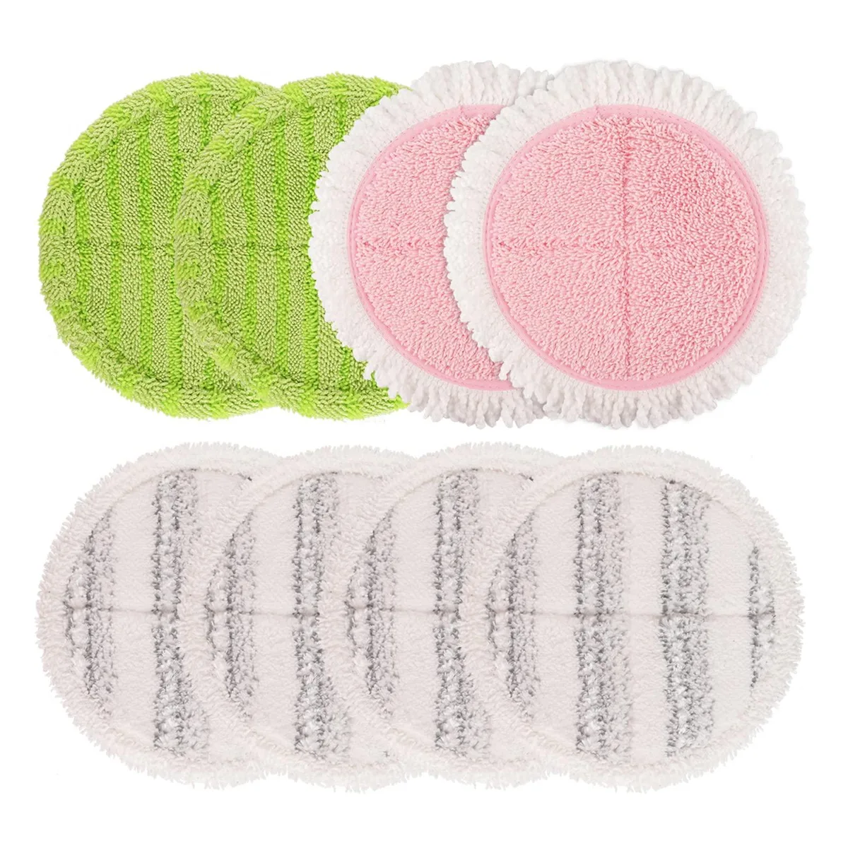 Eight round microfibre mop pads, 6.3 inches, white with pink grey green accents