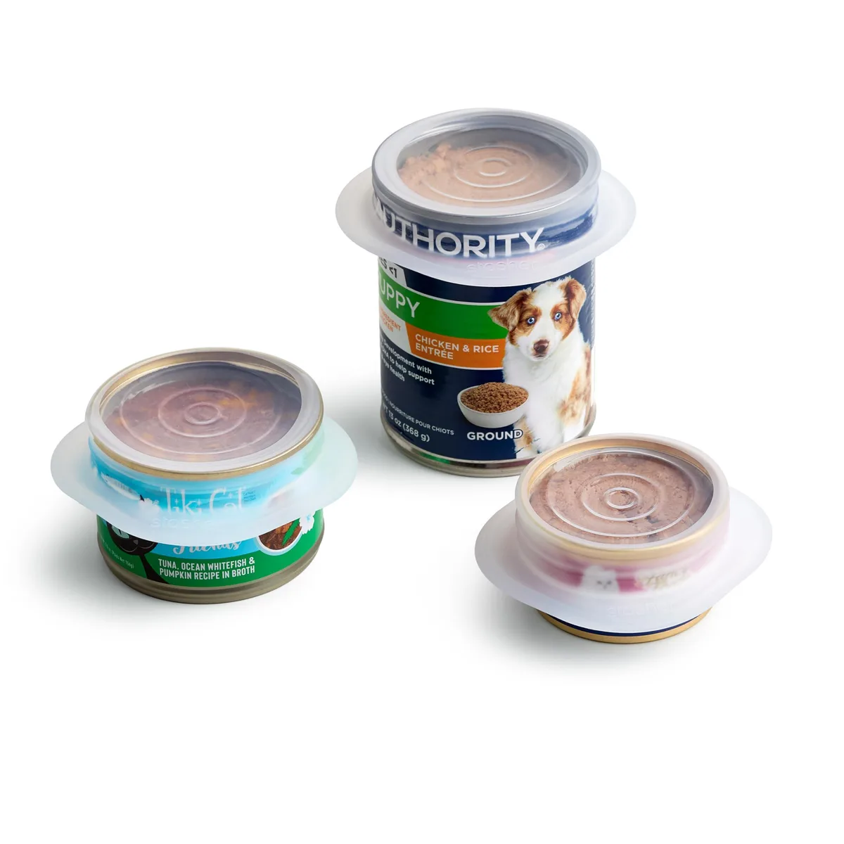 Three clear stretchy silicone can lids in a pack