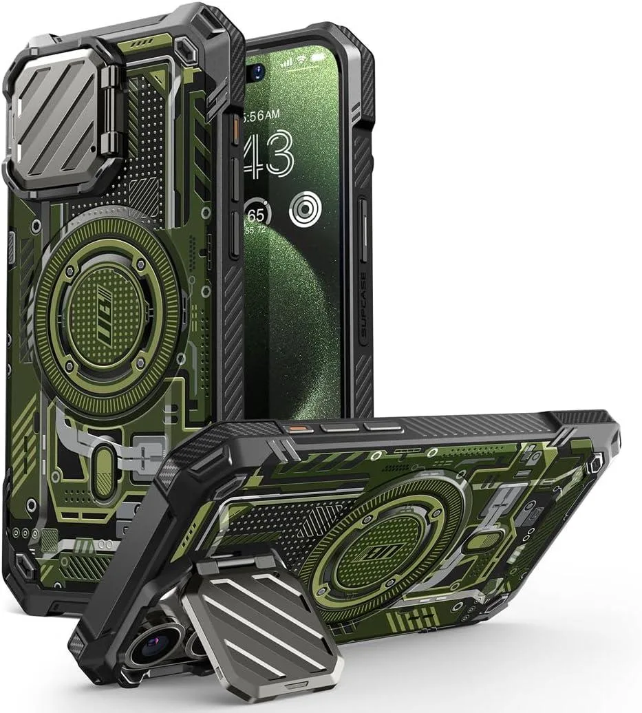 Green rugged case with camera cover and fold-out stand for iPhone 15 Pro Max