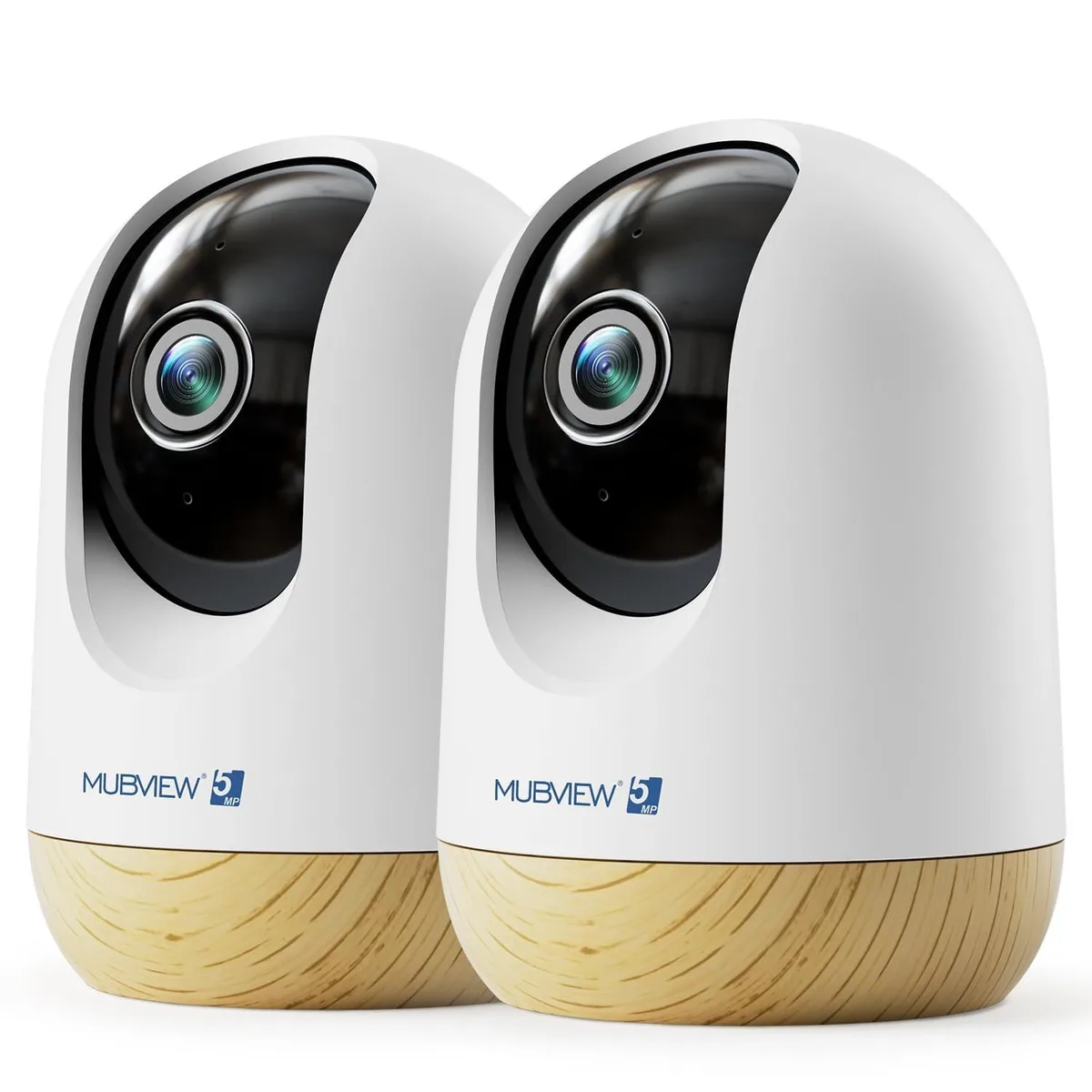 Two white indoor security cameras with pan-tilt bases