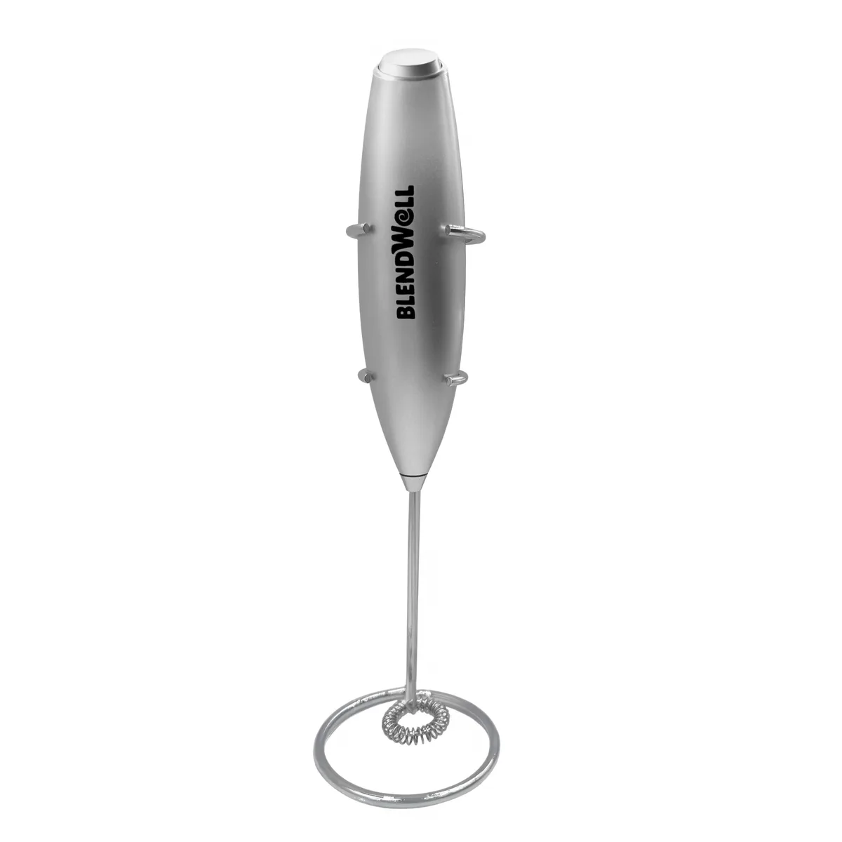 Handheld silver drink mixer with stainless whisk and stand