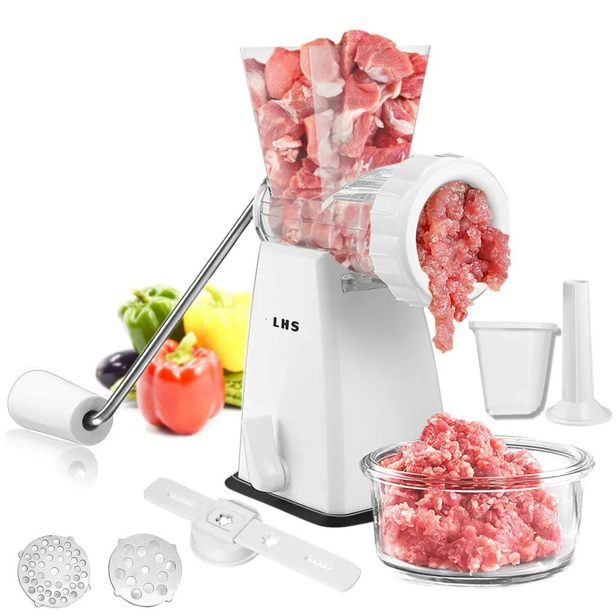 Transparent manual meat grinder with blue accents, suction base, hand crank, and stainless steel blades