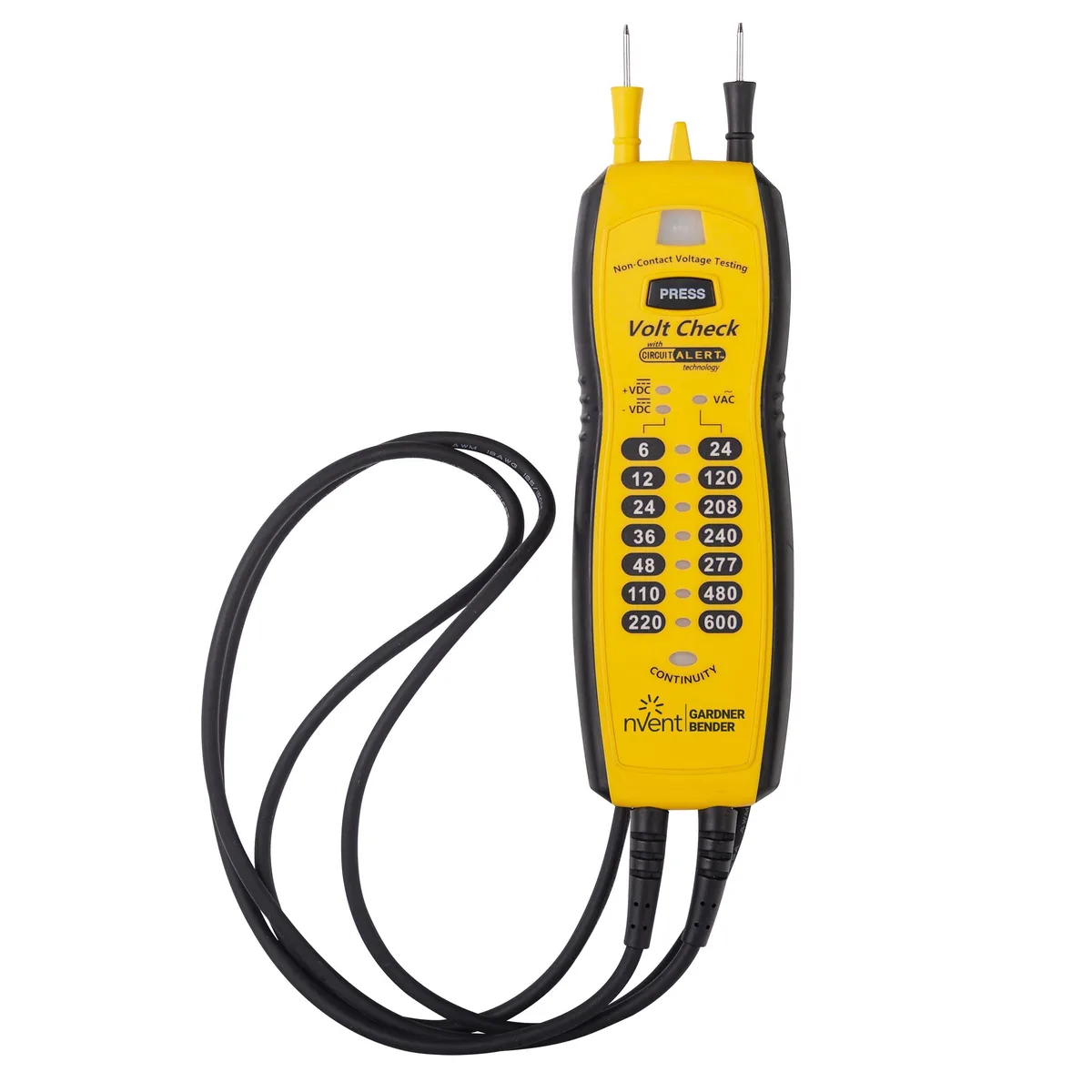 Yellow and black handheld voltage tester with twin probes and coiled leads