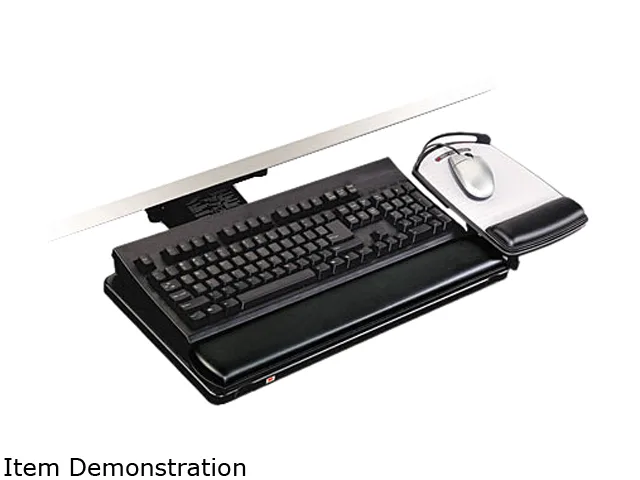 Black adjustable keyboard tray on sliding arm with gel wrist rest