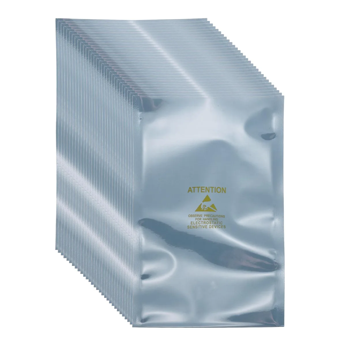 Stack of 100 silver-grey anti-static bags, each 4.3 by 7.1 inches with yellow label