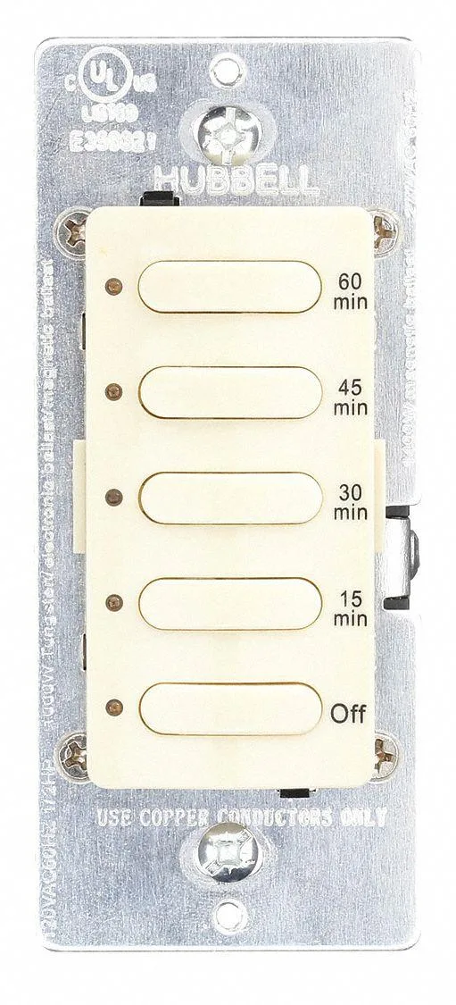 Ivory wall-switch countdown timer with five preset buttons and manual override