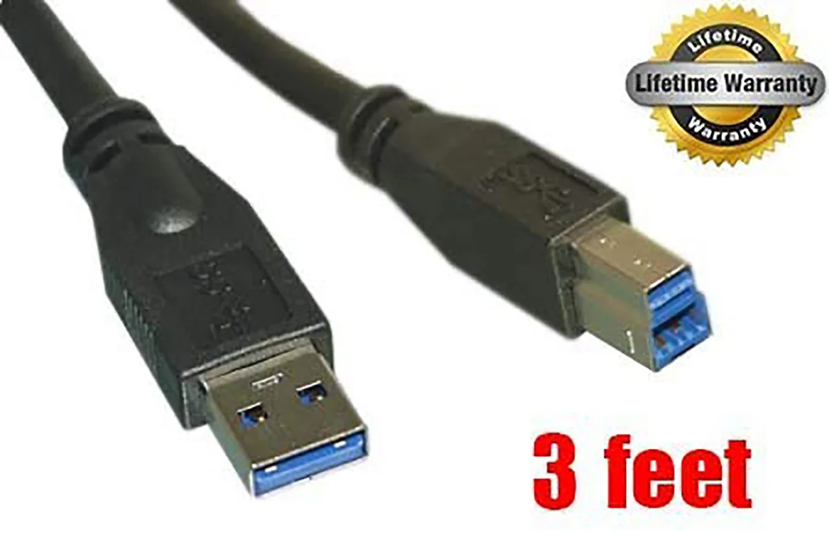 Black USB 3.0 Type A to B male cable three feet long