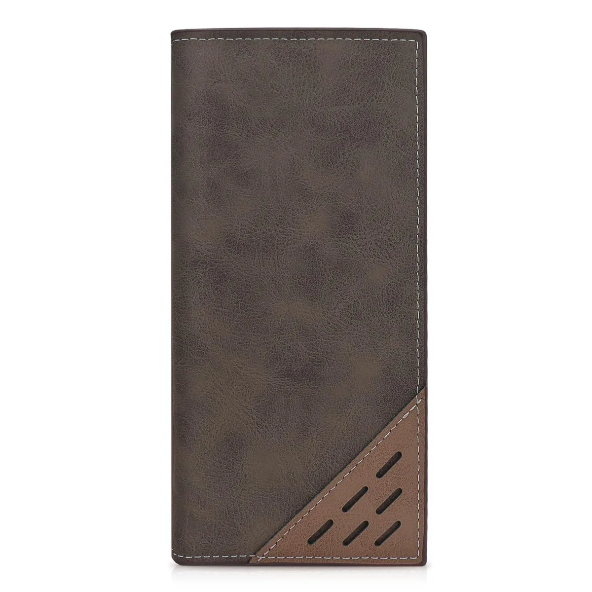 Deep coffee bifold wallet in PU leather with contrast stitching