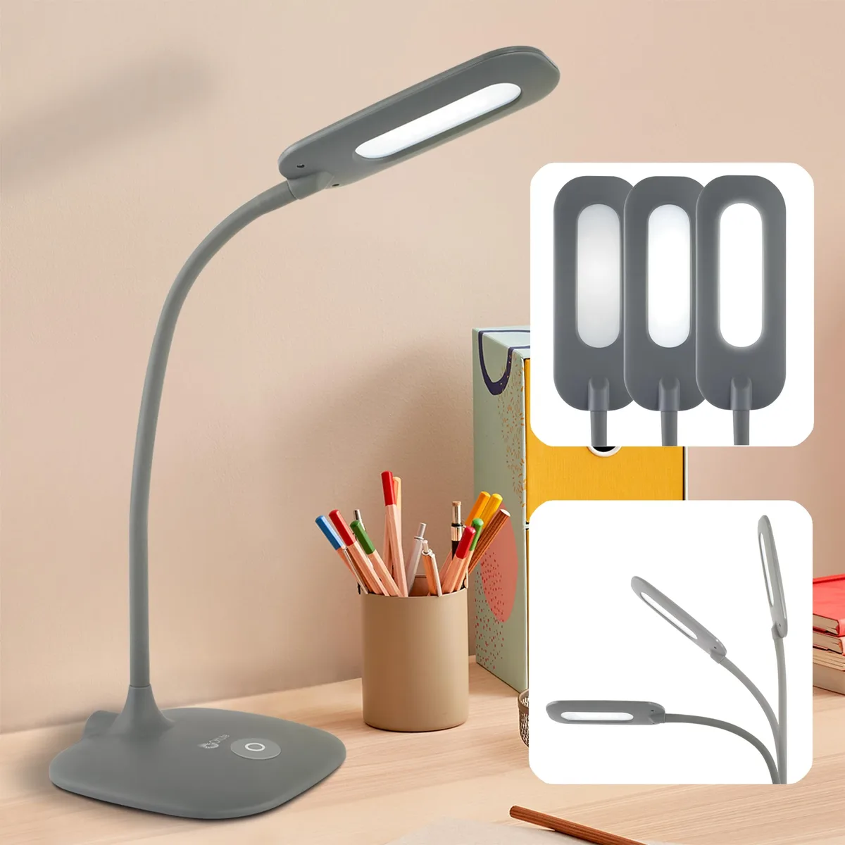 Matte rectangular desk lamp with flexible neck and touch controls, 13.5 in tall