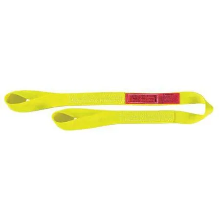 Yellow nylon web sling, flat 2-inch wide strap with 10-inch looped eyes, 6-foot length